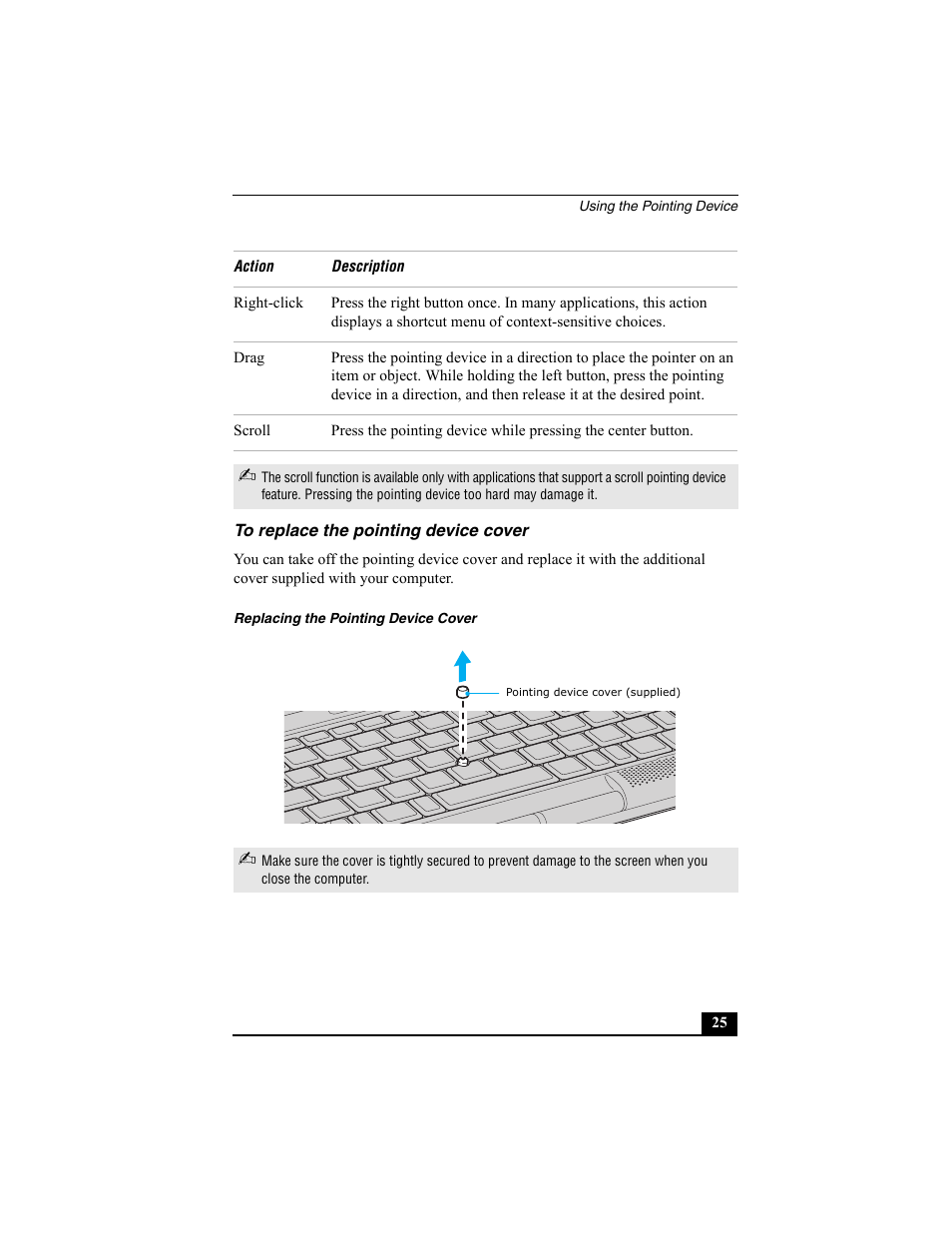 To replace the pointing device cover | Sony VAIO Viao PictureBook Computer User Manual | Page 25 / 146