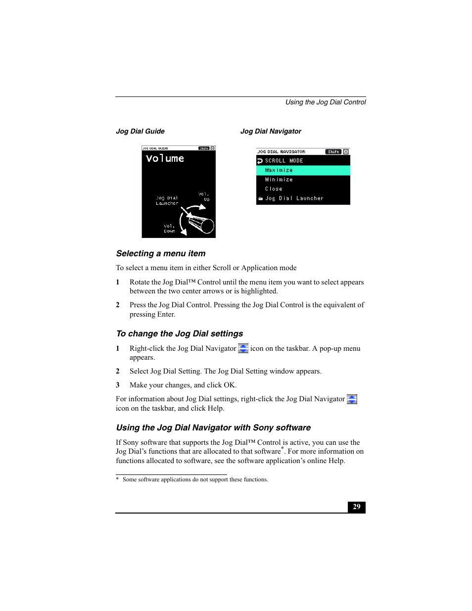 Selecting a menu item, To change the jog dial settings, Using the jog dial navigator with sony software | Sony VAIO Viao PictureBook Computer User Manual | Page 29 / 146