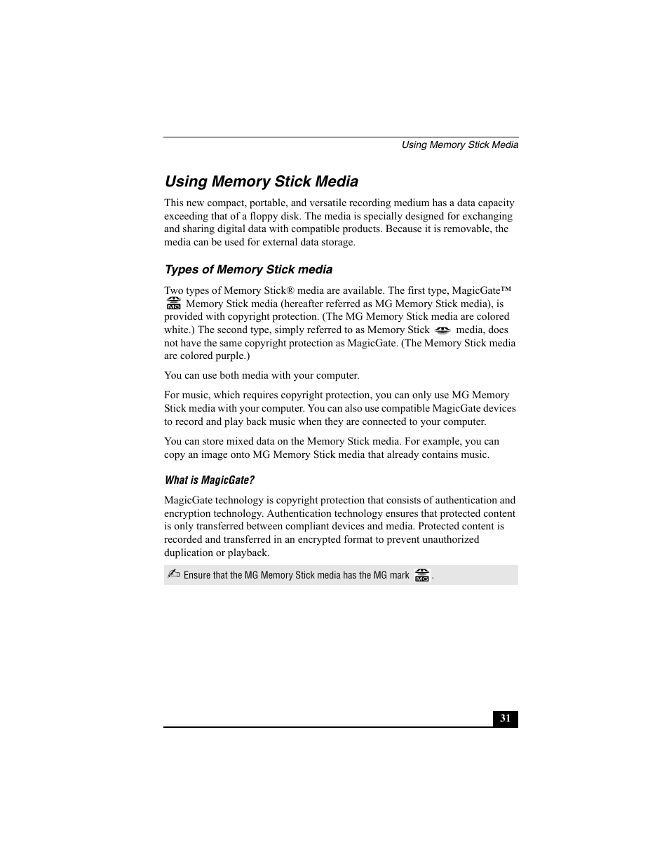 Using memory stick media, Types of memory stick media | Sony VAIO Viao PictureBook Computer User Manual | Page 31 / 146