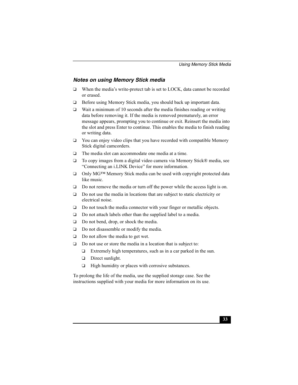 Notes on using memory stick media | Sony VAIO Viao PictureBook Computer User Manual | Page 33 / 146