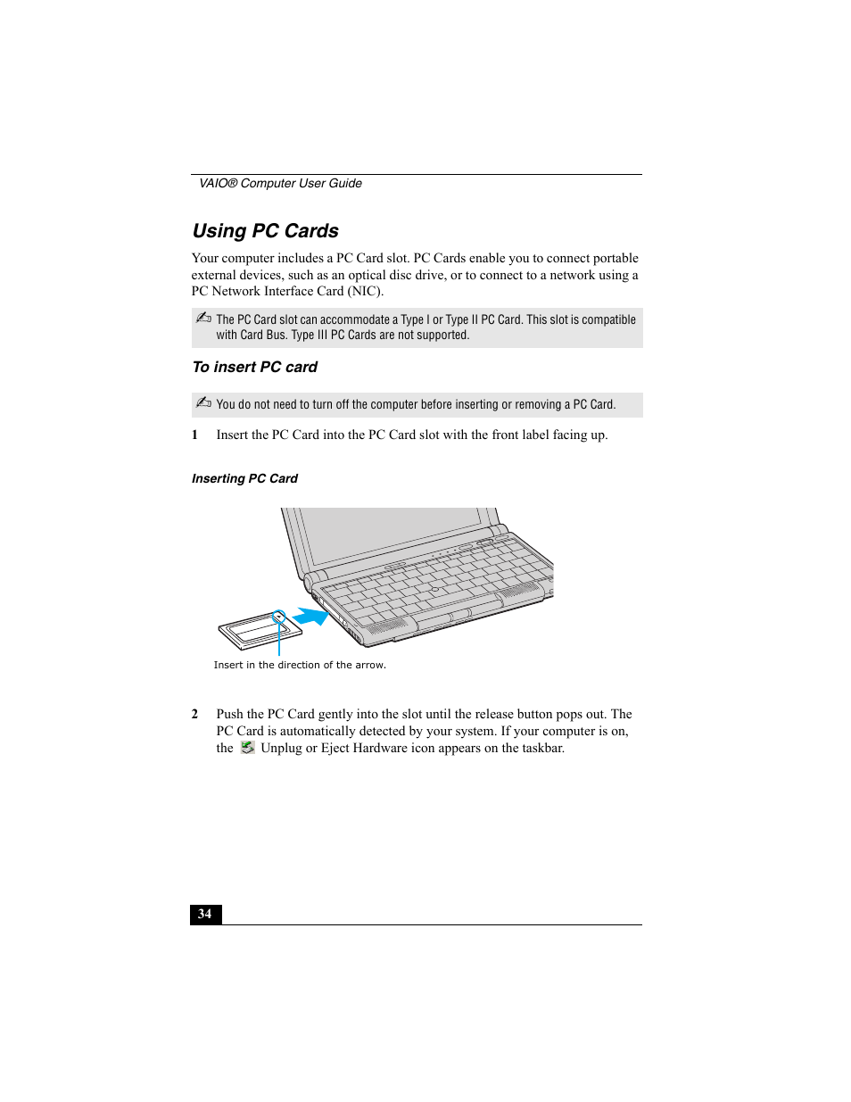 Using pc cards, To insert pc card | Sony VAIO Viao PictureBook Computer User Manual | Page 34 / 146