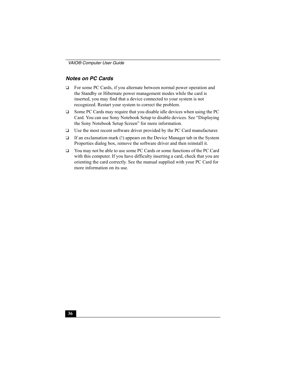Notes on pc cards | Sony VAIO Viao PictureBook Computer User Manual | Page 36 / 146