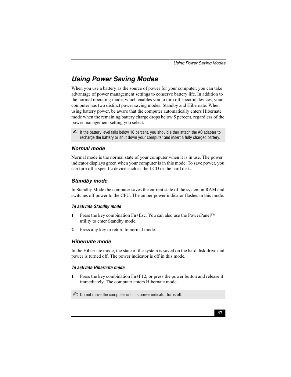 Using power saving modes, Normal mode, Standby mode | Hibernate mode, Normal mode standby mode hibernate mode | Sony VAIO Viao PictureBook Computer User Manual | Page 37 / 146