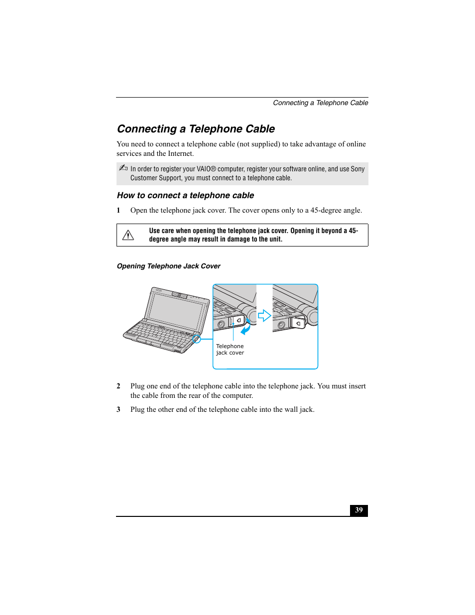 Connecting a telephone cable, How to connect a telephone cable | Sony VAIO Viao PictureBook Computer User Manual | Page 39 / 146