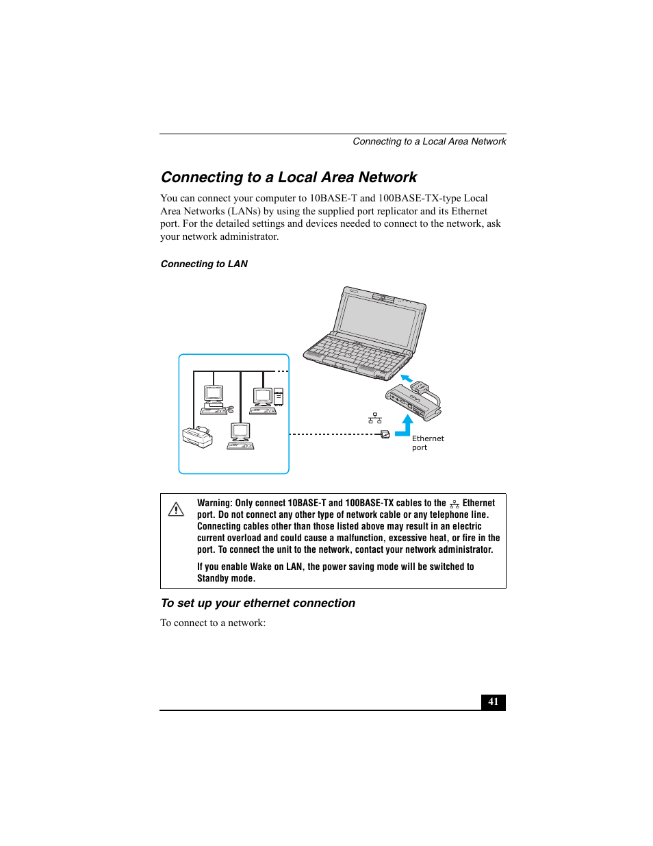 Connecting to a local area network, To set up your ethernet connection | Sony VAIO Viao PictureBook Computer User Manual | Page 41 / 146