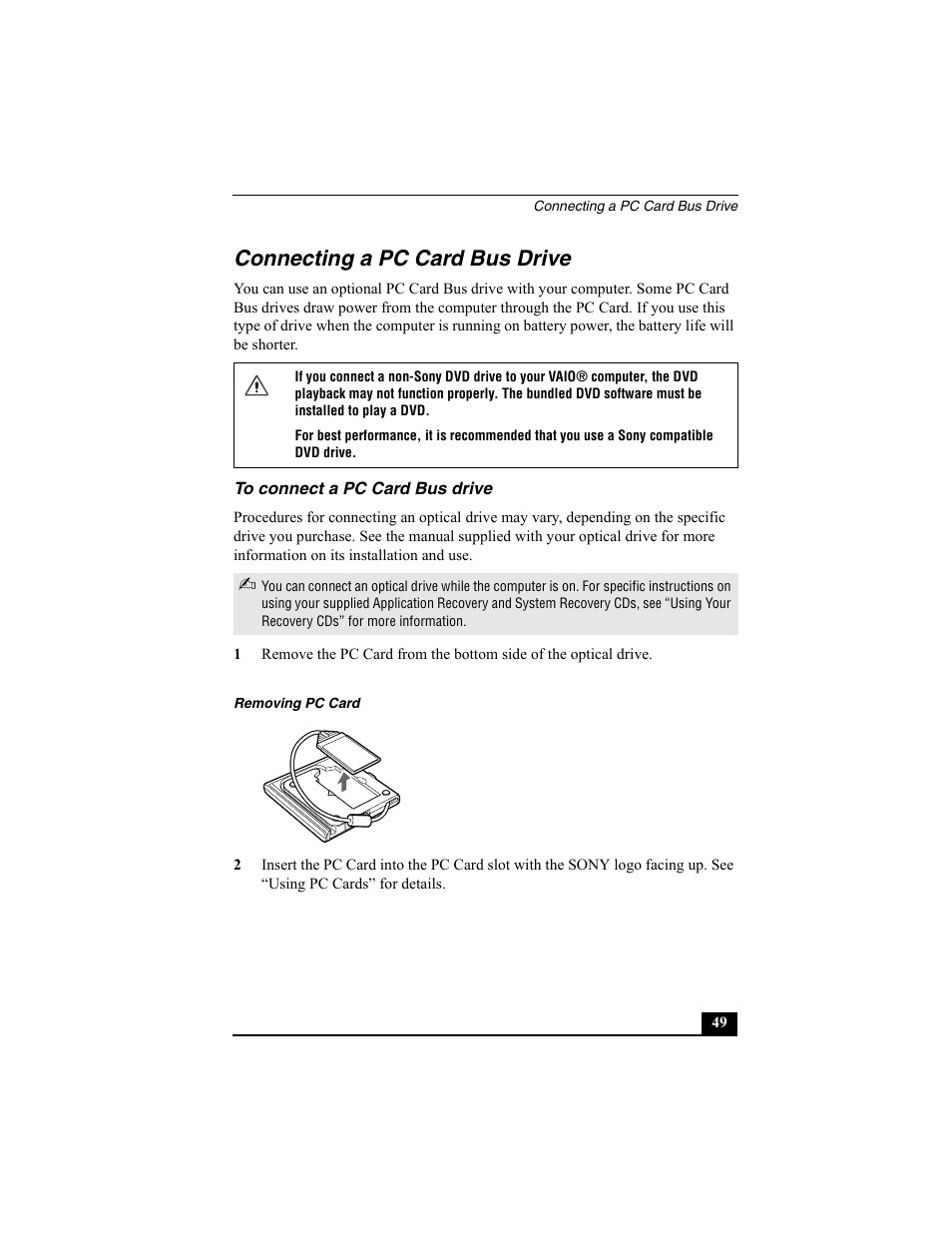 Connecting a pc card bus drive, To connect a pc card bus drive | Sony VAIO Viao PictureBook Computer User Manual | Page 49 / 146
