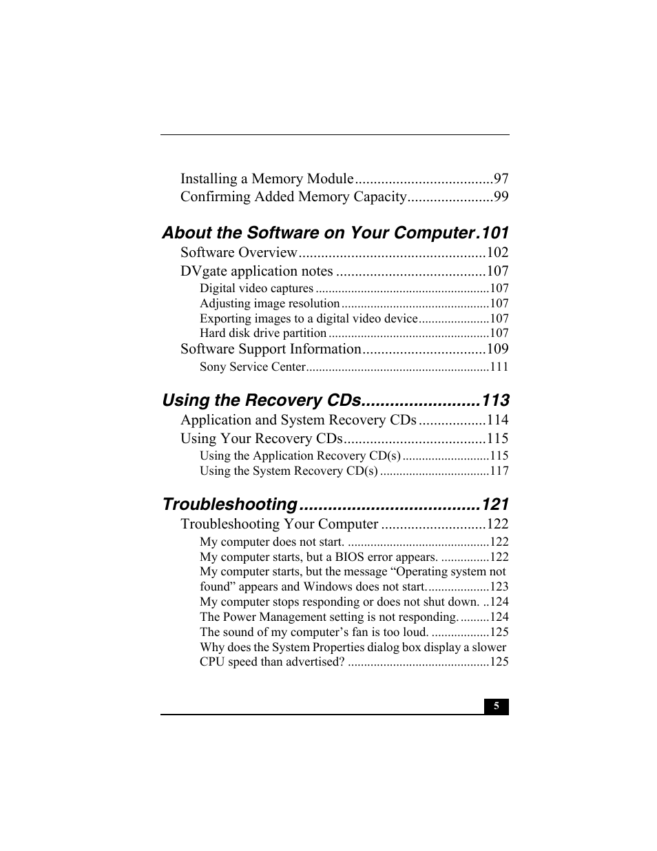About the software on your computer.101, Using the recovery cds, Troubleshooting | Sony VAIO Viao PictureBook Computer User Manual | Page 5 / 146