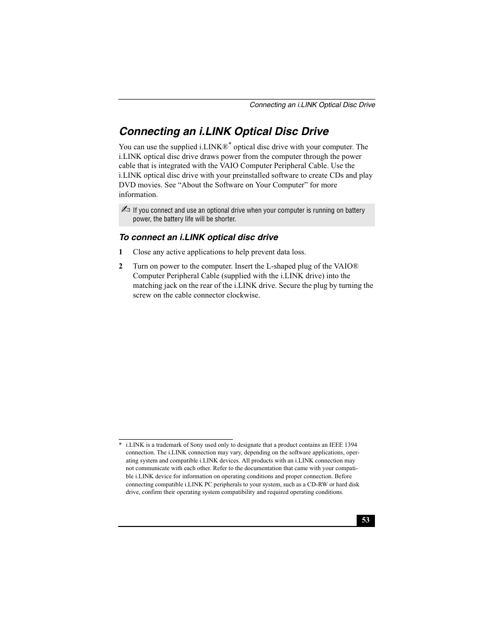 Connecting an i.link optical disc drive, To connect an i.link optical disc drive | Sony VAIO Viao PictureBook Computer User Manual | Page 53 / 146