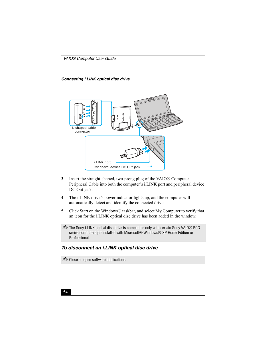 To disconnect an i.link optical disc drive | Sony VAIO Viao PictureBook Computer User Manual | Page 54 / 146
