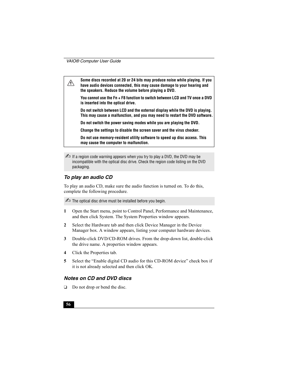 To play an audio cd, Notes on cd and dvd discs, To play an audio cd notes on cd and dvd discs | Sony VAIO Viao PictureBook Computer User Manual | Page 56 / 146