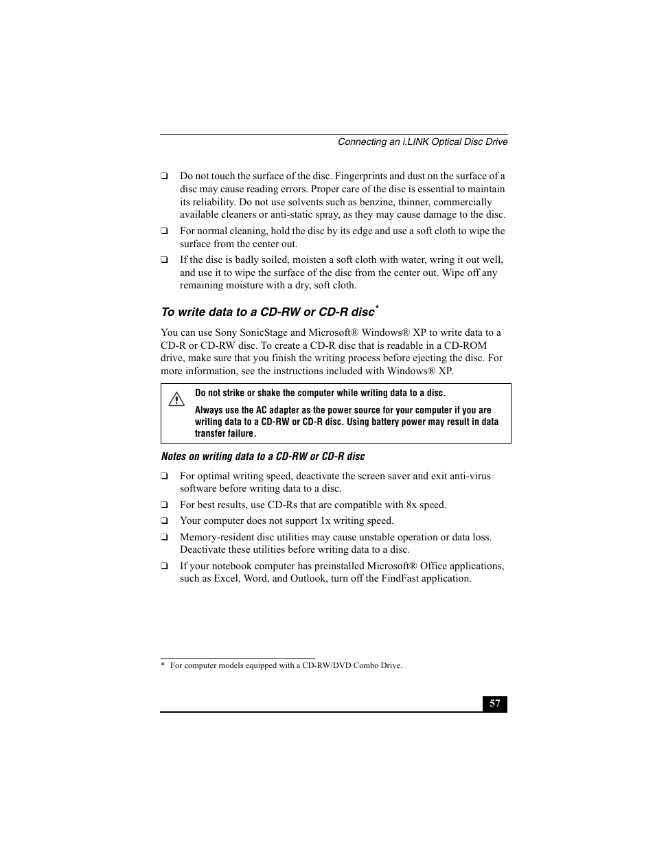 To write data to a cd-rw or cd-r disc | Sony VAIO Viao PictureBook Computer User Manual | Page 57 / 146
