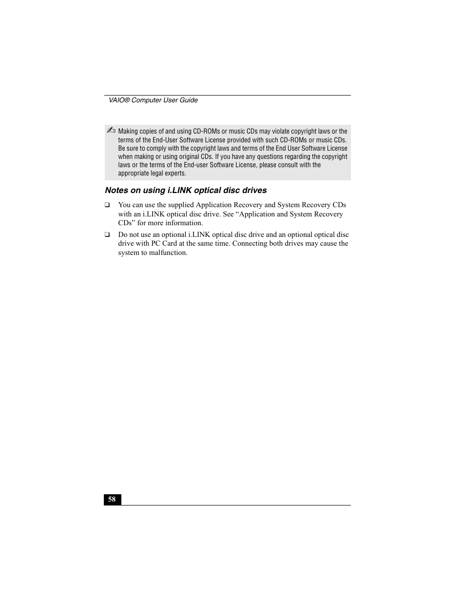 Notes on using i.link optical disc drives | Sony VAIO Viao PictureBook Computer User Manual | Page 58 / 146