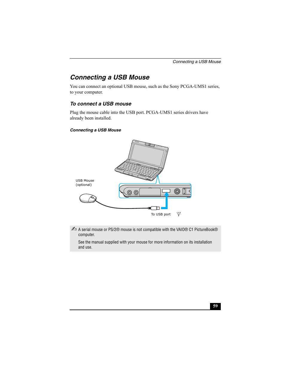 Connecting a usb mouse, To connect a usb mouse | Sony VAIO Viao PictureBook Computer User Manual | Page 59 / 146