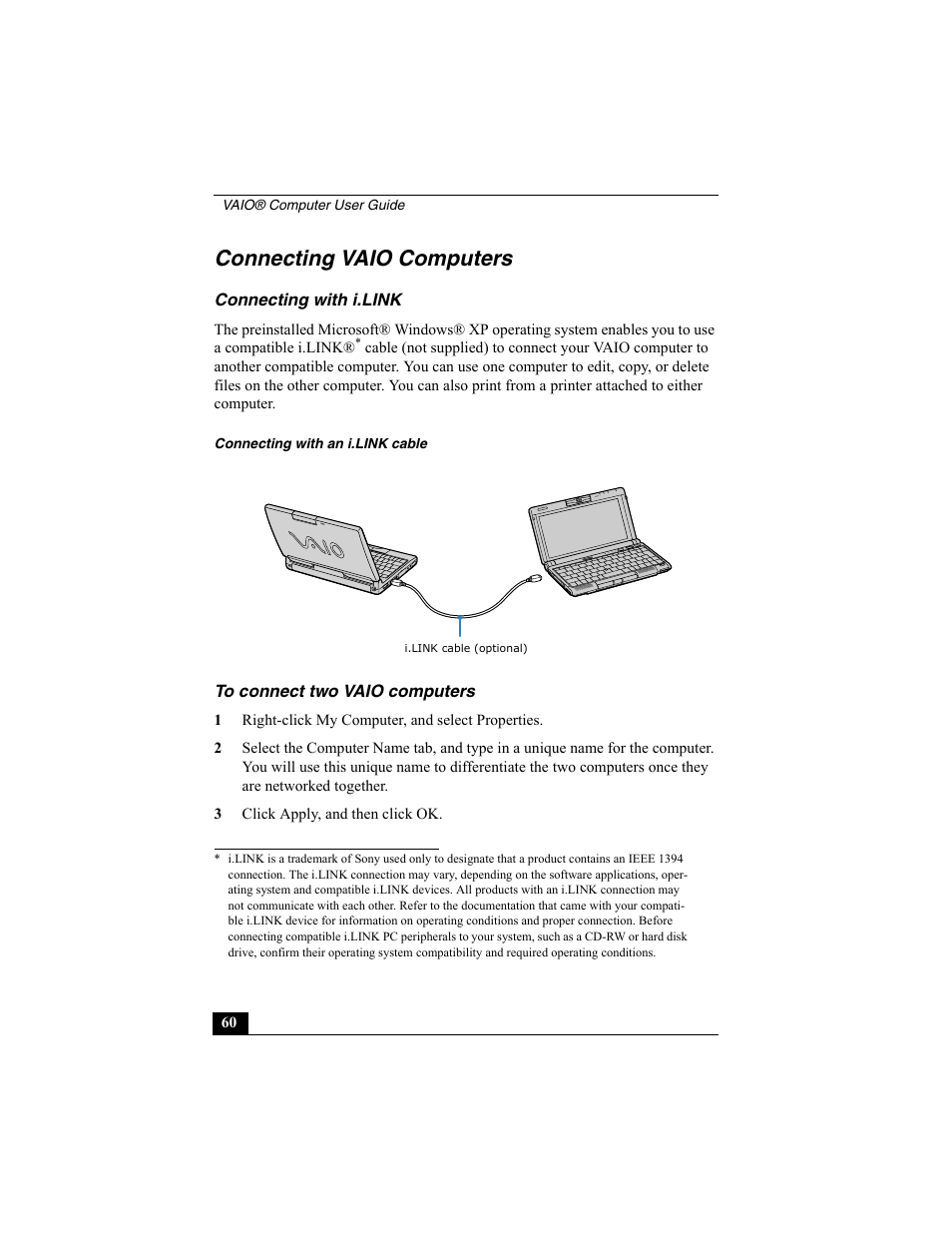 Connecting vaio computers, Connecting with i.link, To connect two vaio computers | Sony VAIO Viao PictureBook Computer User Manual | Page 60 / 146