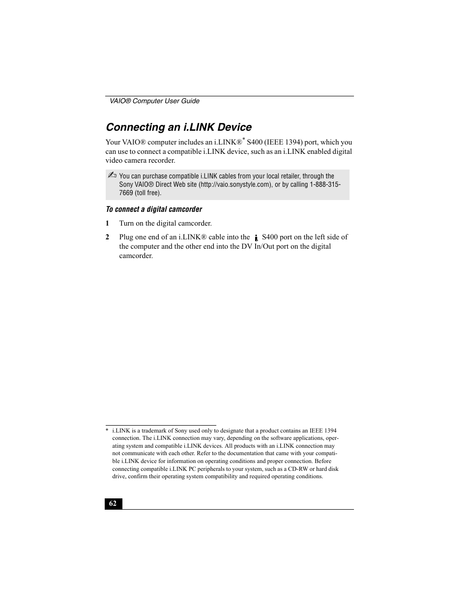 Connecting an i.link device | Sony VAIO Viao PictureBook Computer User Manual | Page 62 / 146