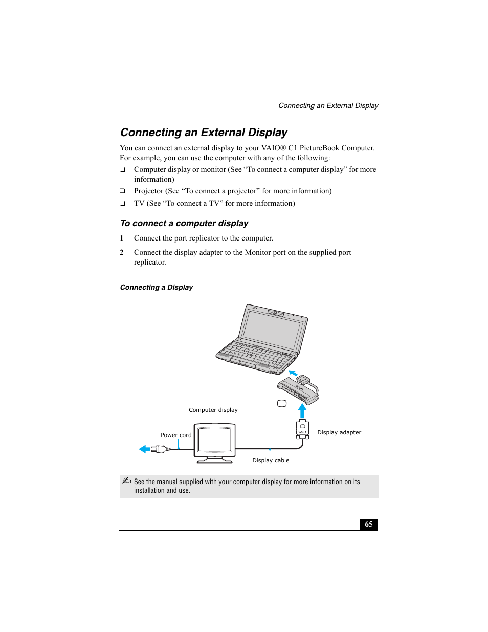 Connecting an external display, To connect a computer display | Sony VAIO Viao PictureBook Computer User Manual | Page 65 / 146