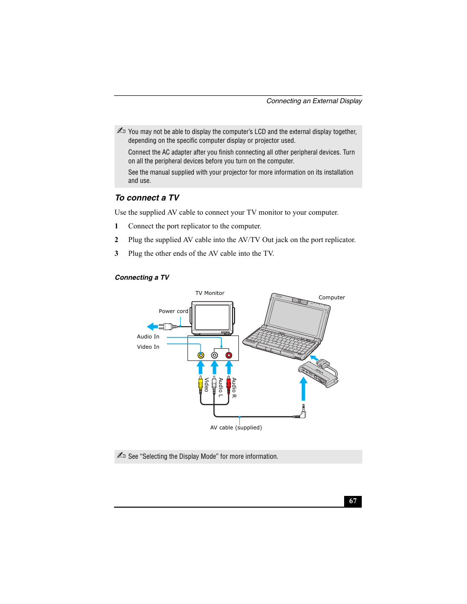 To connect a tv | Sony VAIO Viao PictureBook Computer User Manual | Page 67 / 146