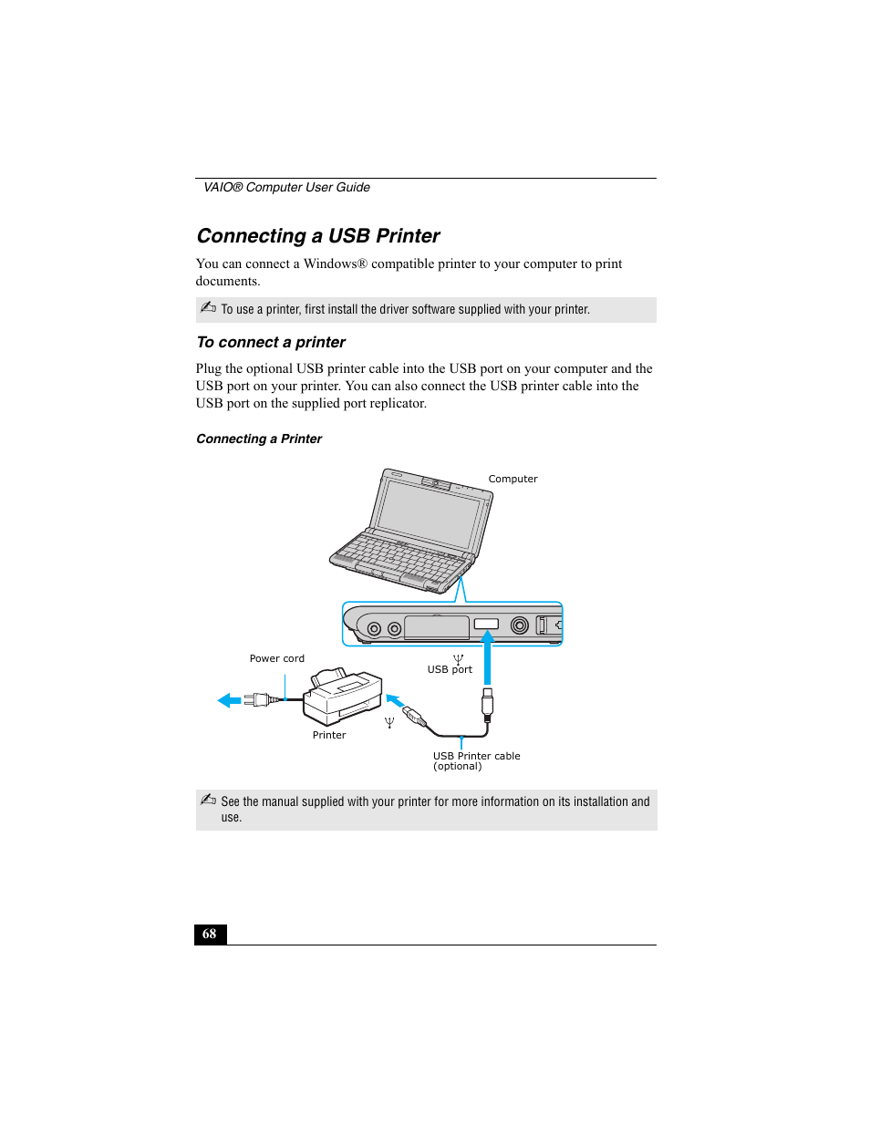 Connecting a usb printer, To connect a printer | Sony VAIO Viao PictureBook Computer User Manual | Page 68 / 146