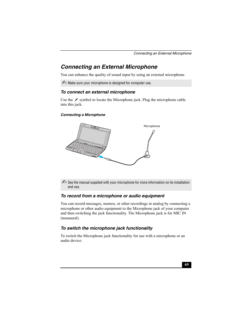 Connecting an external microphone, To connect an external microphone, To record from a microphone or audio equipment | To switch the microphone jack functionality | Sony VAIO Viao PictureBook Computer User Manual | Page 69 / 146