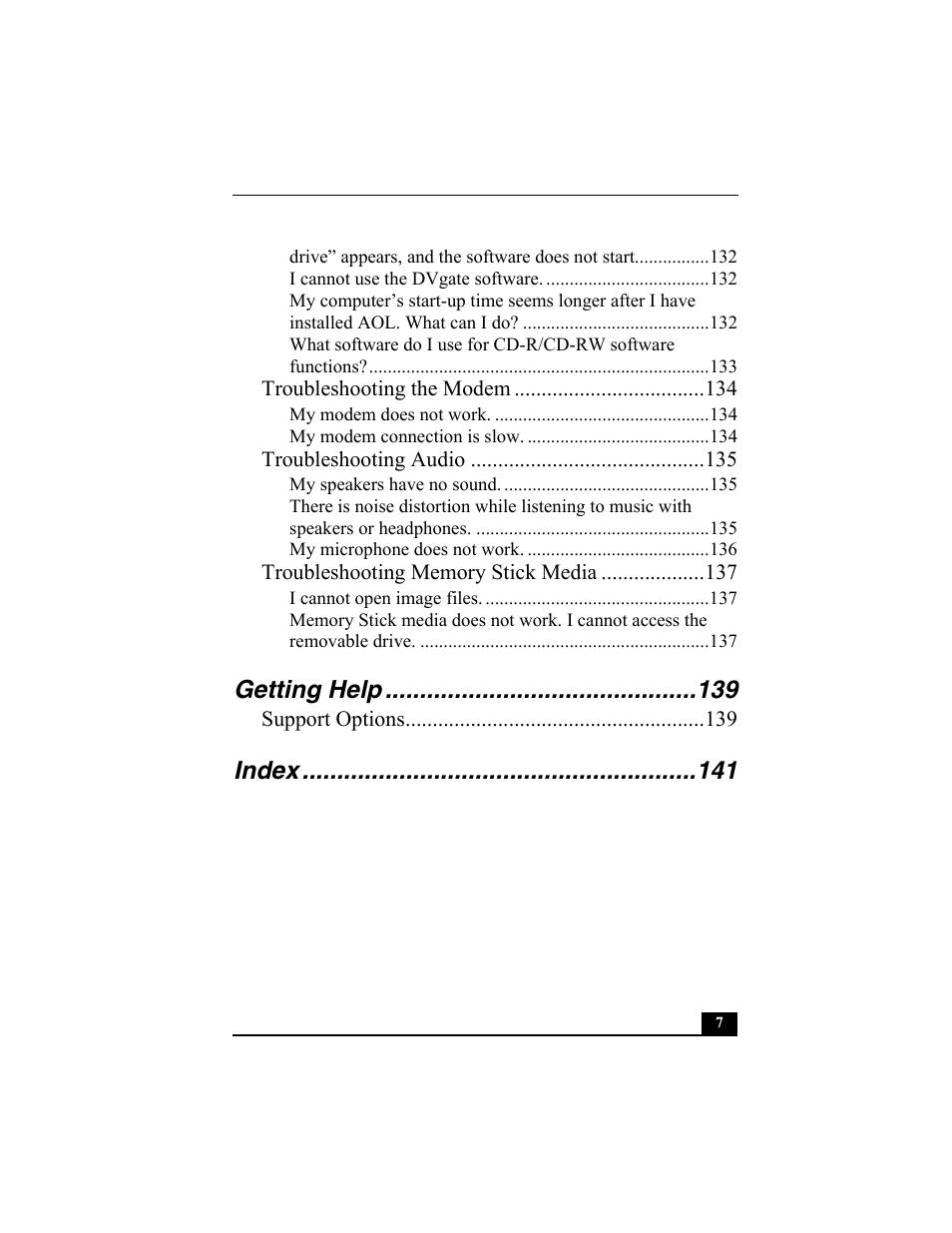 Getting help, Index | Sony VAIO Viao PictureBook Computer User Manual | Page 7 / 146