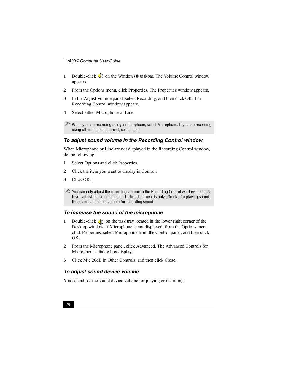 To increase the sound of the microphone, To adjust sound device volume | Sony VAIO Viao PictureBook Computer User Manual | Page 70 / 146