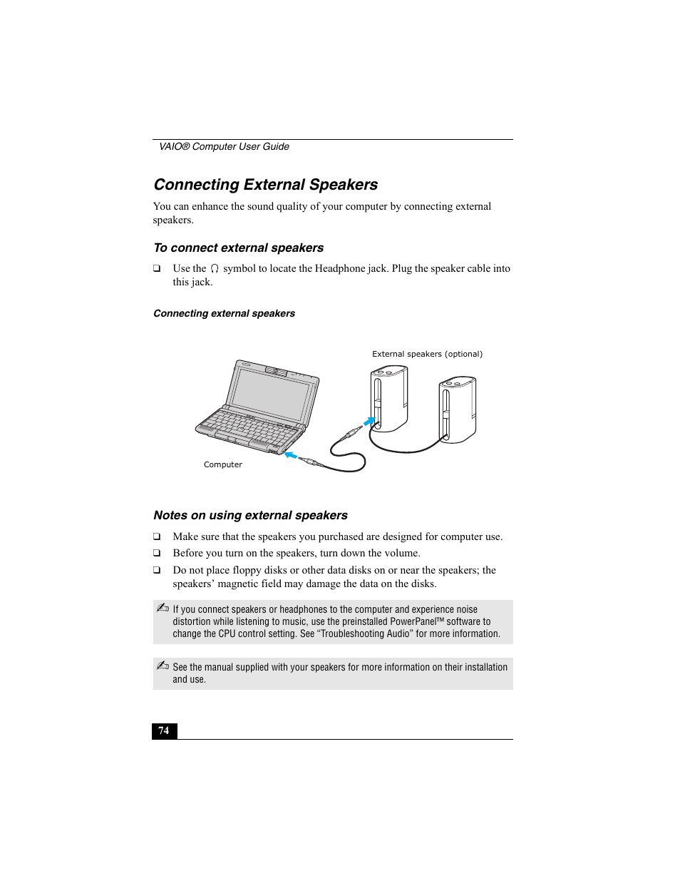 Connecting external speakers, To connect external speakers, Notes on using external speakers | Sony VAIO Viao PictureBook Computer User Manual | Page 74 / 146