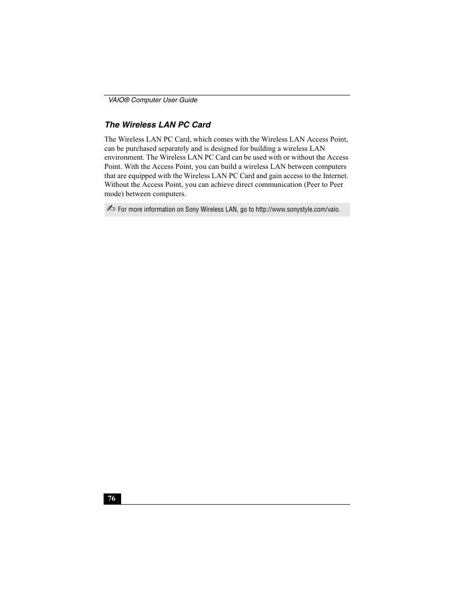 The wireless lan pc card | Sony VAIO Viao PictureBook Computer User Manual | Page 76 / 146