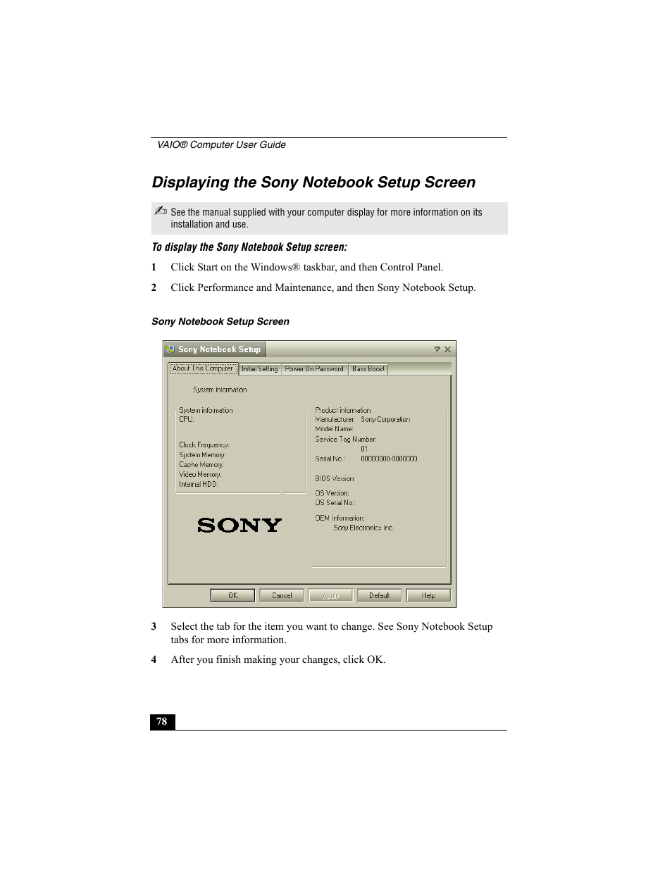 Displaying the sony notebook setup screen | Sony VAIO Viao PictureBook Computer User Manual | Page 78 / 146