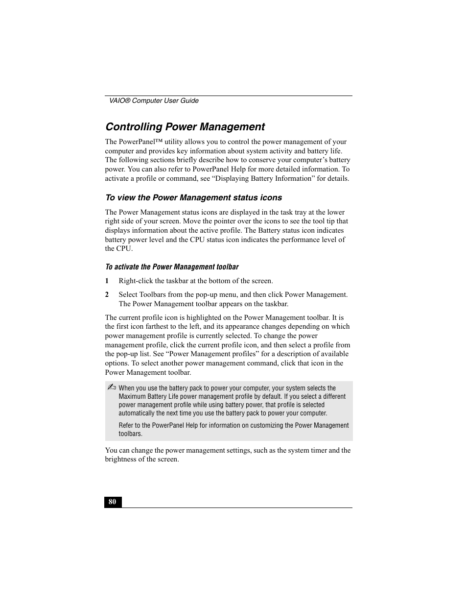 Controlling power management, To view the power management status icons | Sony VAIO Viao PictureBook Computer User Manual | Page 80 / 146