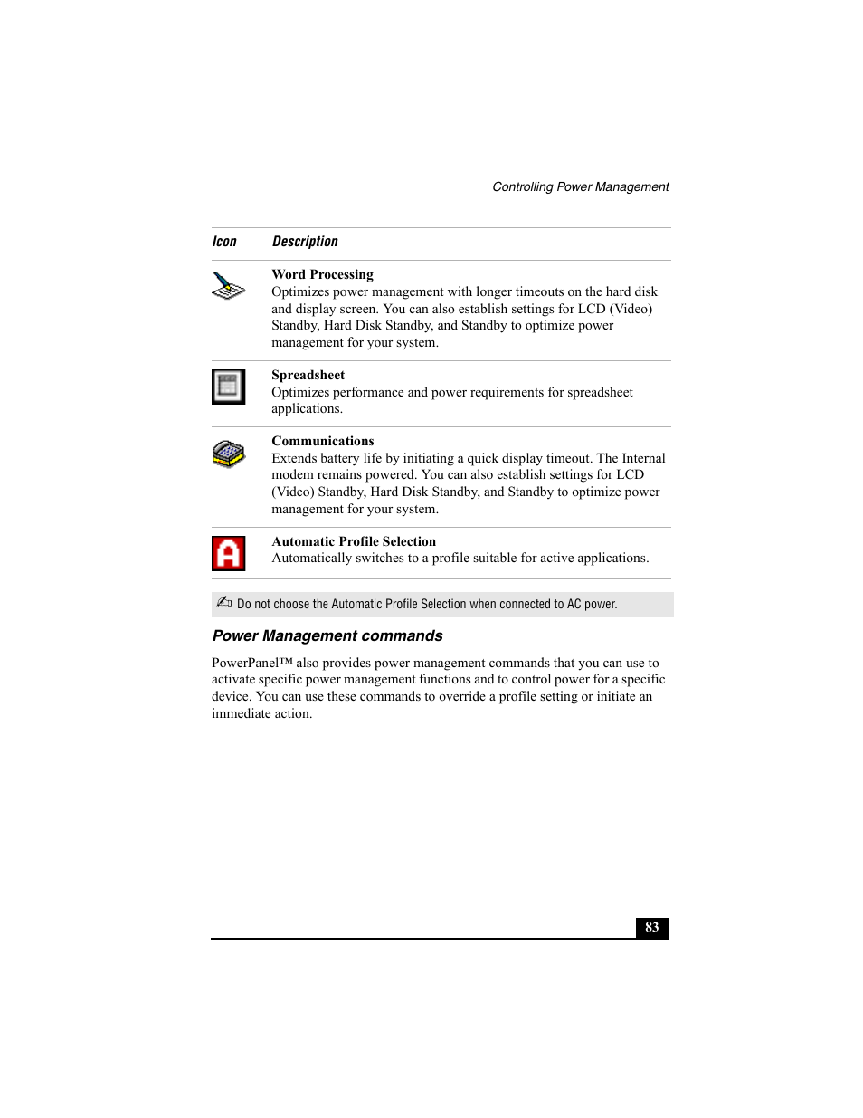 Power management commands | Sony VAIO Viao PictureBook Computer User Manual | Page 83 / 146