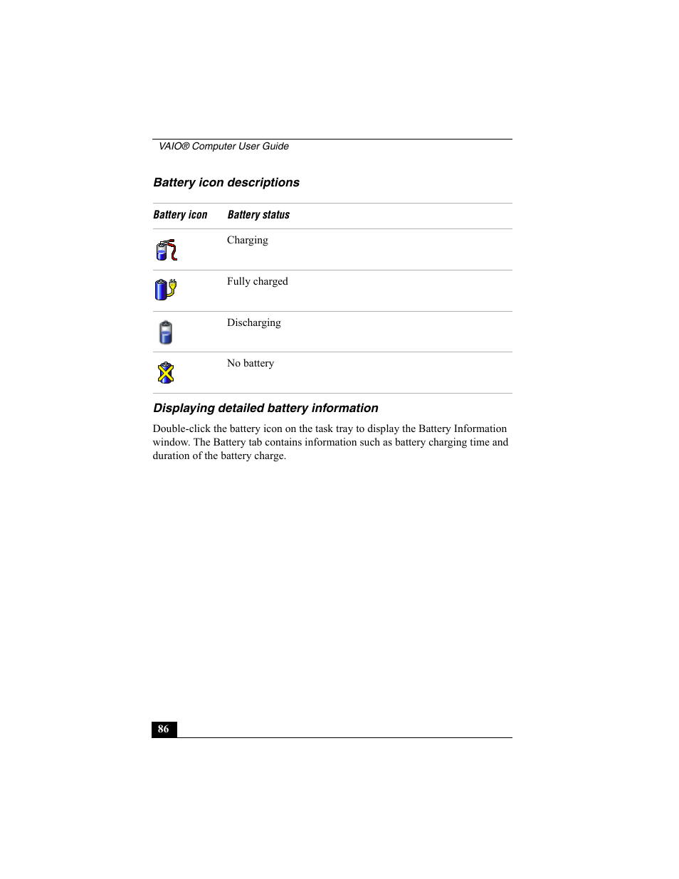 Battery icon descriptions, Displaying detailed battery information | Sony VAIO Viao PictureBook Computer User Manual | Page 86 / 146