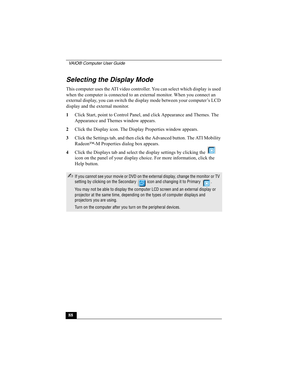 Selecting the display mode | Sony VAIO Viao PictureBook Computer User Manual | Page 88 / 146