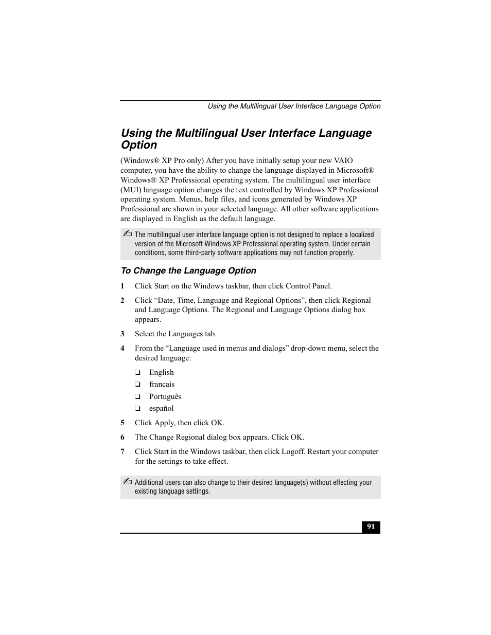 To change the language option | Sony VAIO Viao PictureBook Computer User Manual | Page 91 / 146