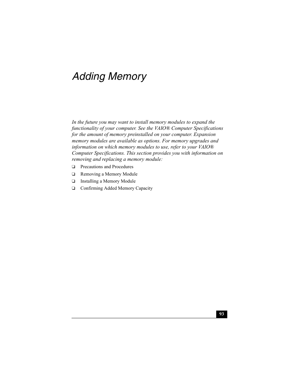 Adding memory | Sony VAIO Viao PictureBook Computer User Manual | Page 93 / 146