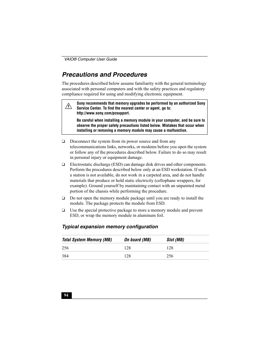 Precautions and procedures, Typical expansion memory configuration | Sony VAIO Viao PictureBook Computer User Manual | Page 94 / 146