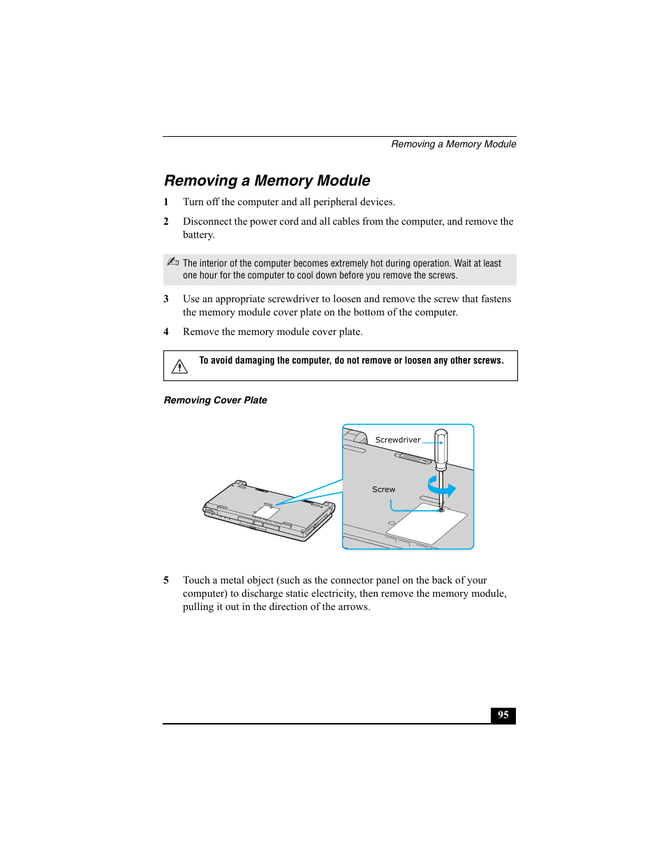 Removing a memory module | Sony VAIO Viao PictureBook Computer User Manual | Page 95 / 146