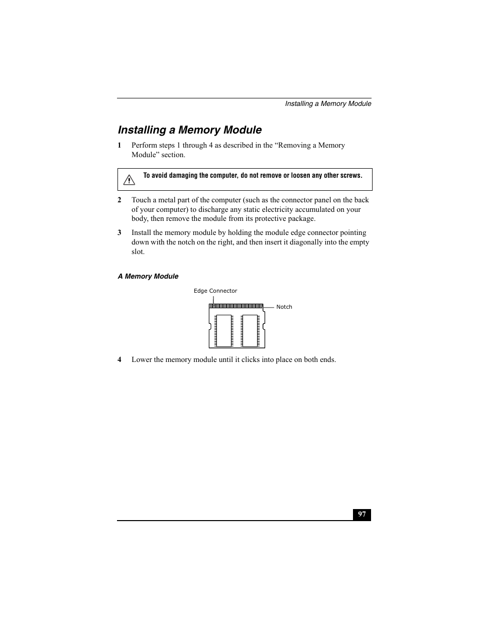 Installing a memory module | Sony VAIO Viao PictureBook Computer User Manual | Page 97 / 146