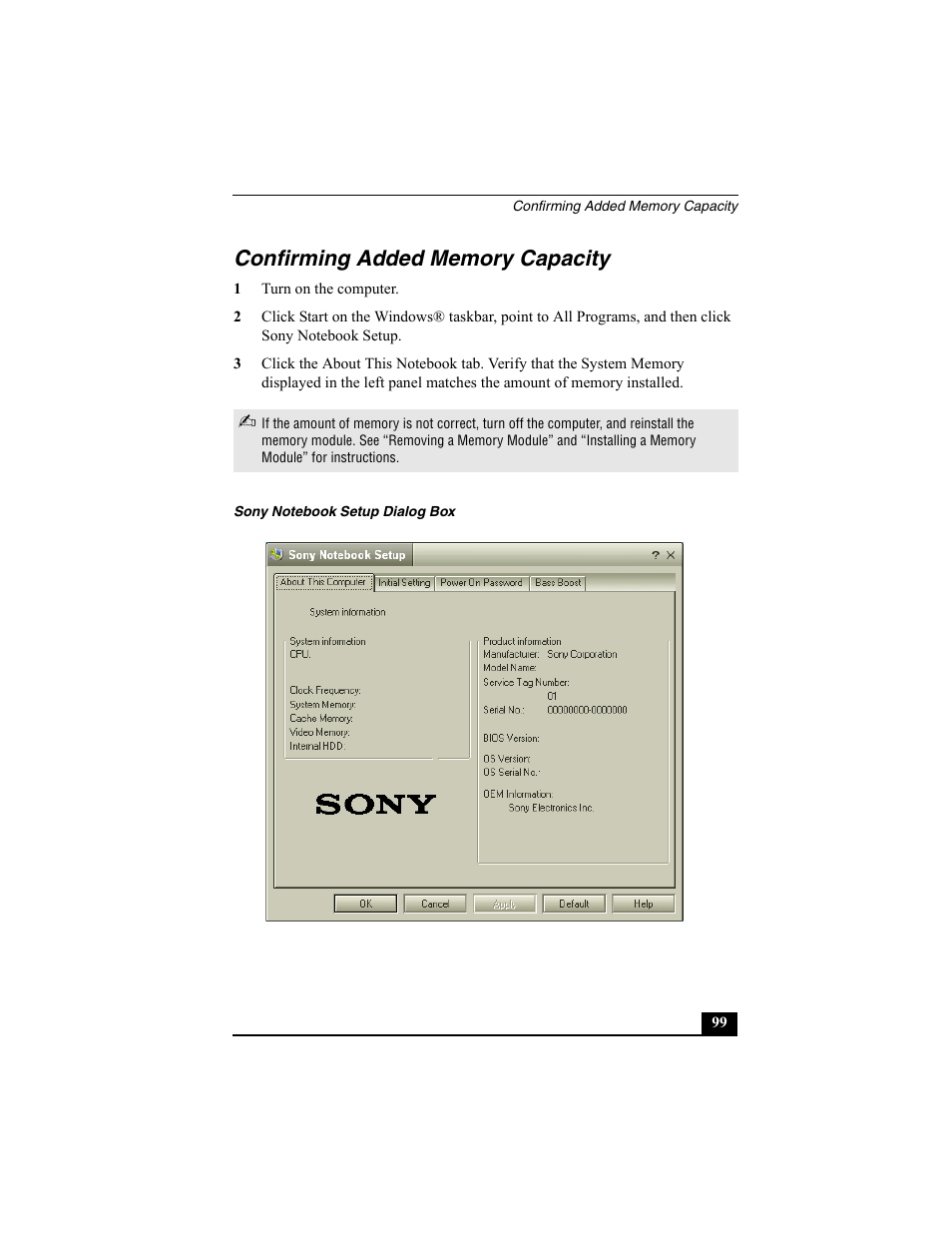 Confirming added memory capacity | Sony VAIO Viao PictureBook Computer User Manual | Page 99 / 146