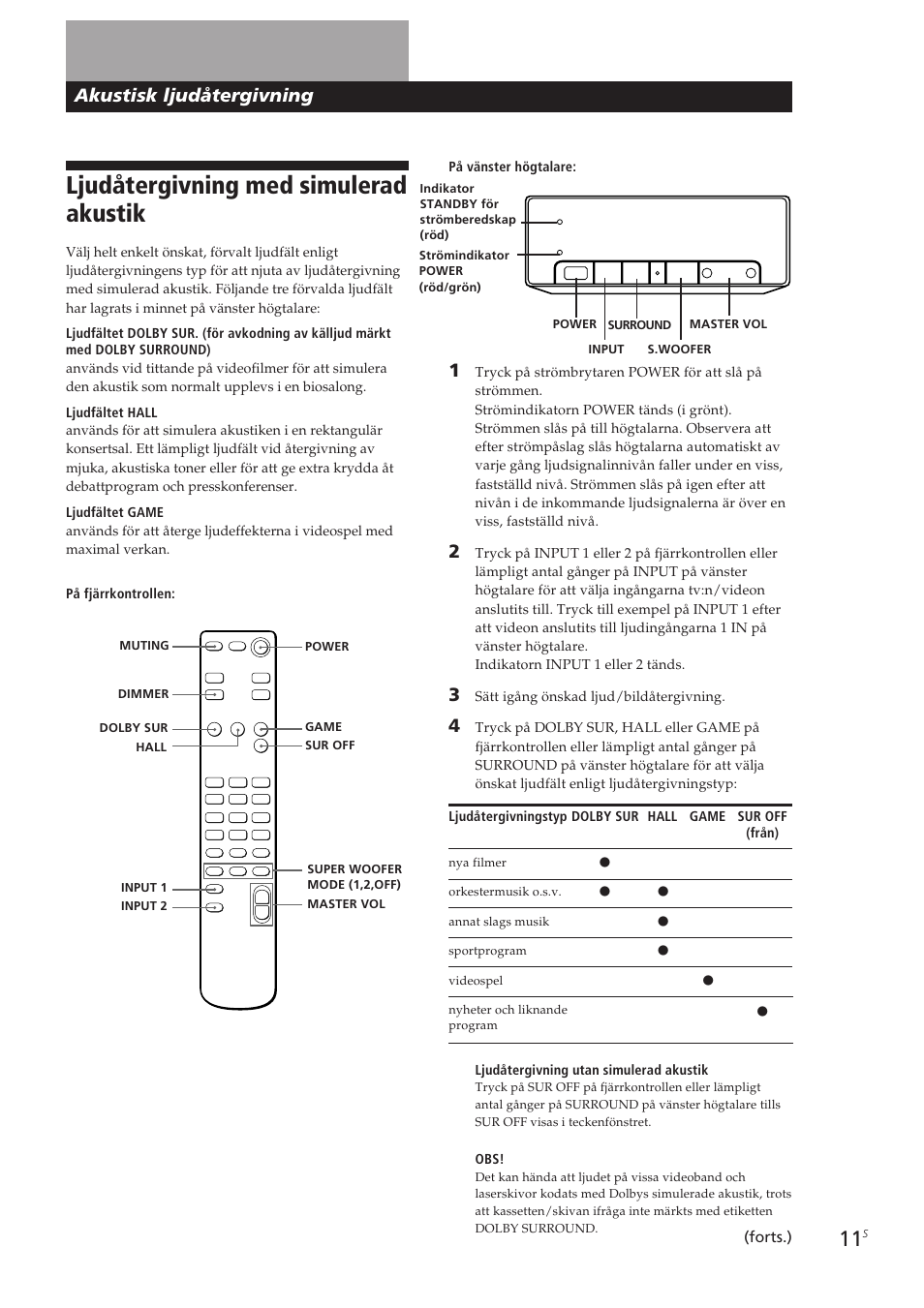 Ljudåtergivning med simulerad akustik, Akustisk ljudåtergivning | Sony SA-VA10 User Manual | Page 102 / 123