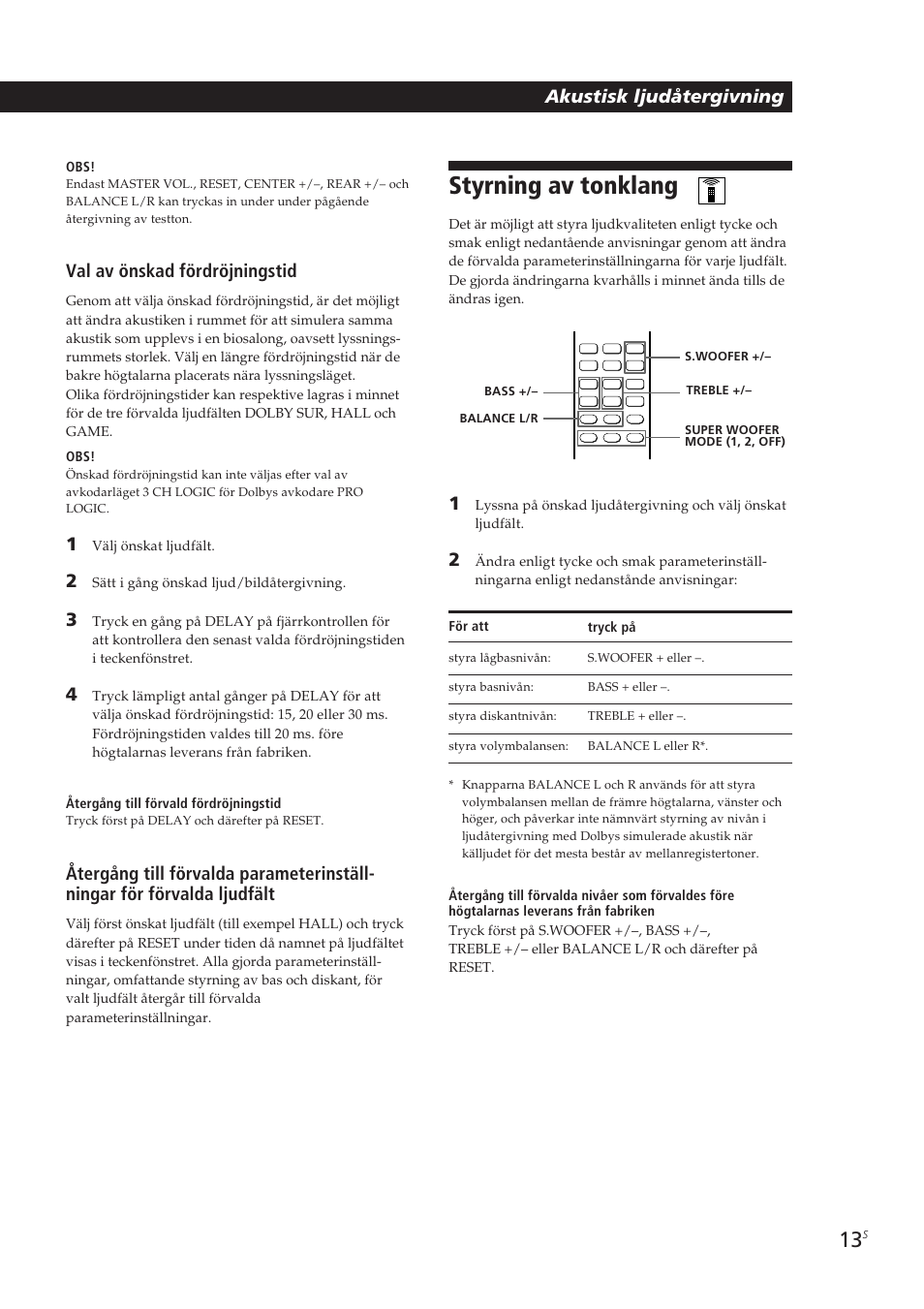 Styrning av tonklang, Val av önskad fördröjningstid, Akustisk ljudåtergivning | Sony SA-VA10 User Manual | Page 104 / 123