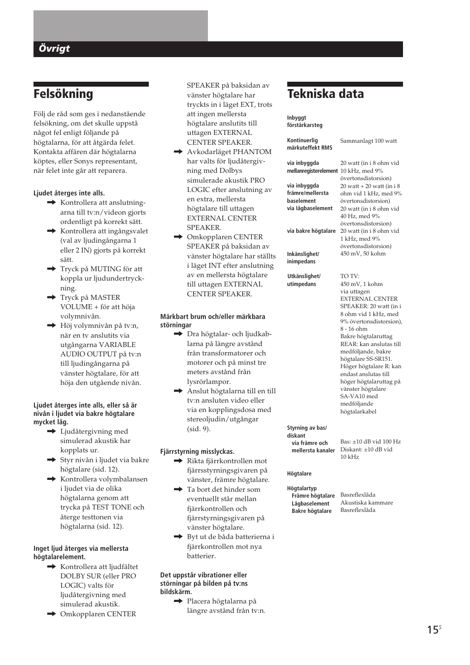 Felsökning, Tekniska data, Övrigt | Sony SA-VA10 User Manual | Page 106 / 123