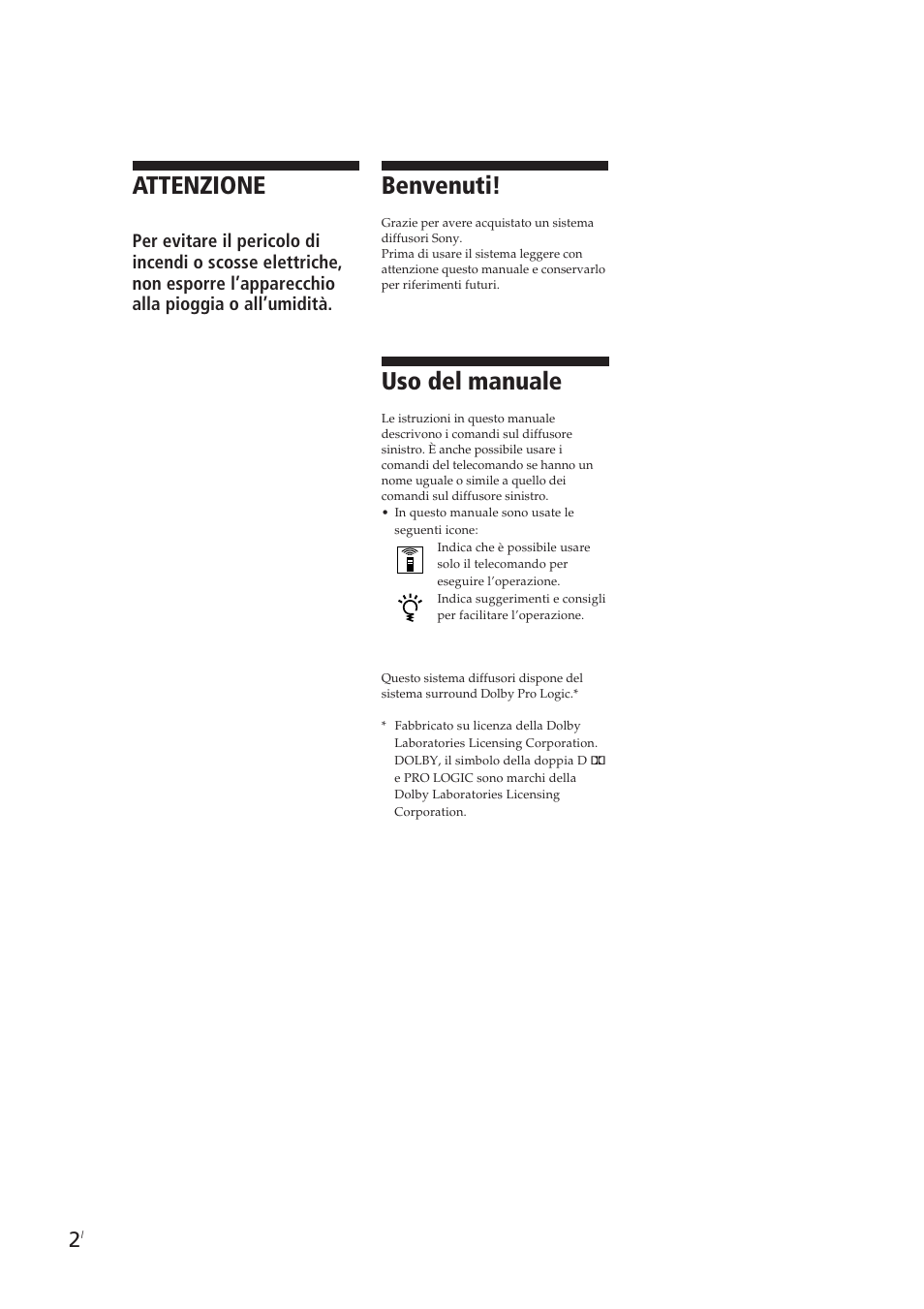 Attenzione, Benvenuti, Uso del manuale | Sony SA-VA10 User Manual | Page 109 / 123