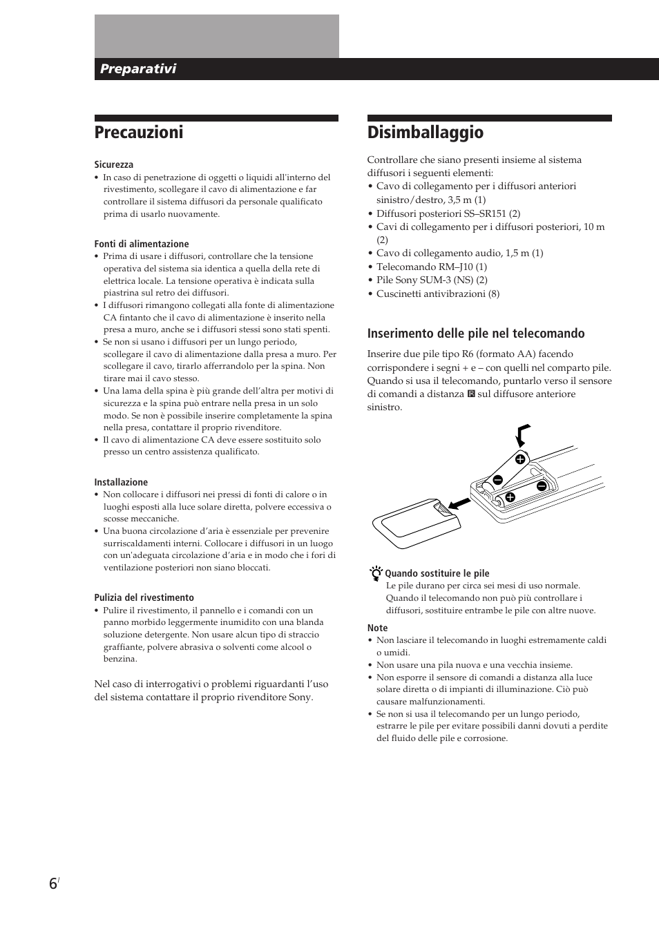 Disimballaggio, Precauzioni, Preparativi | Inserimento delle pile nel telecomando | Sony SA-VA10 User Manual | Page 113 / 123