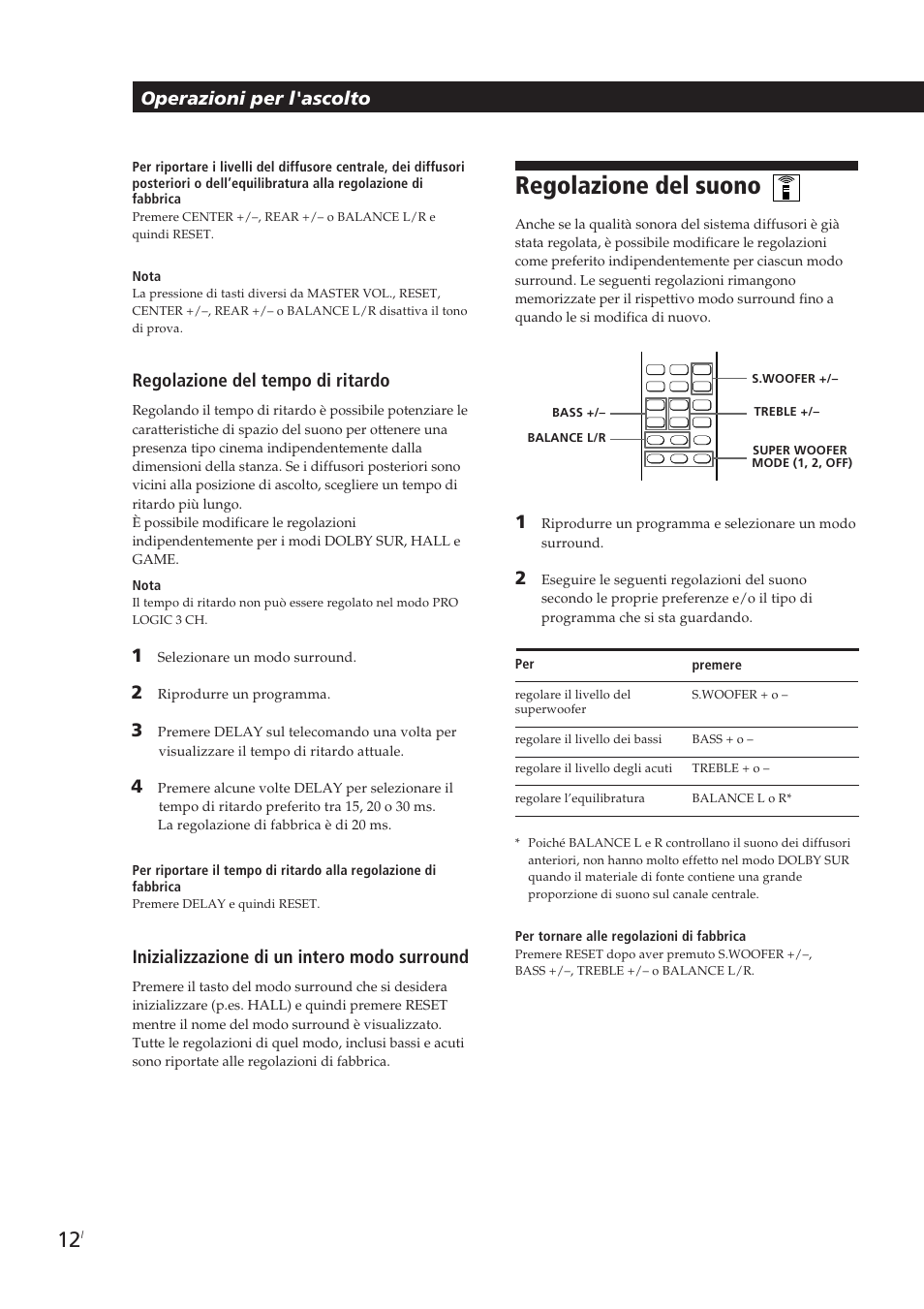 Regolazione del suono, Regolazione del tempo di ritardo, Inizializzazione di un intero modo surround | Operazioni per l'ascolto | Sony SA-VA10 User Manual | Page 119 / 123