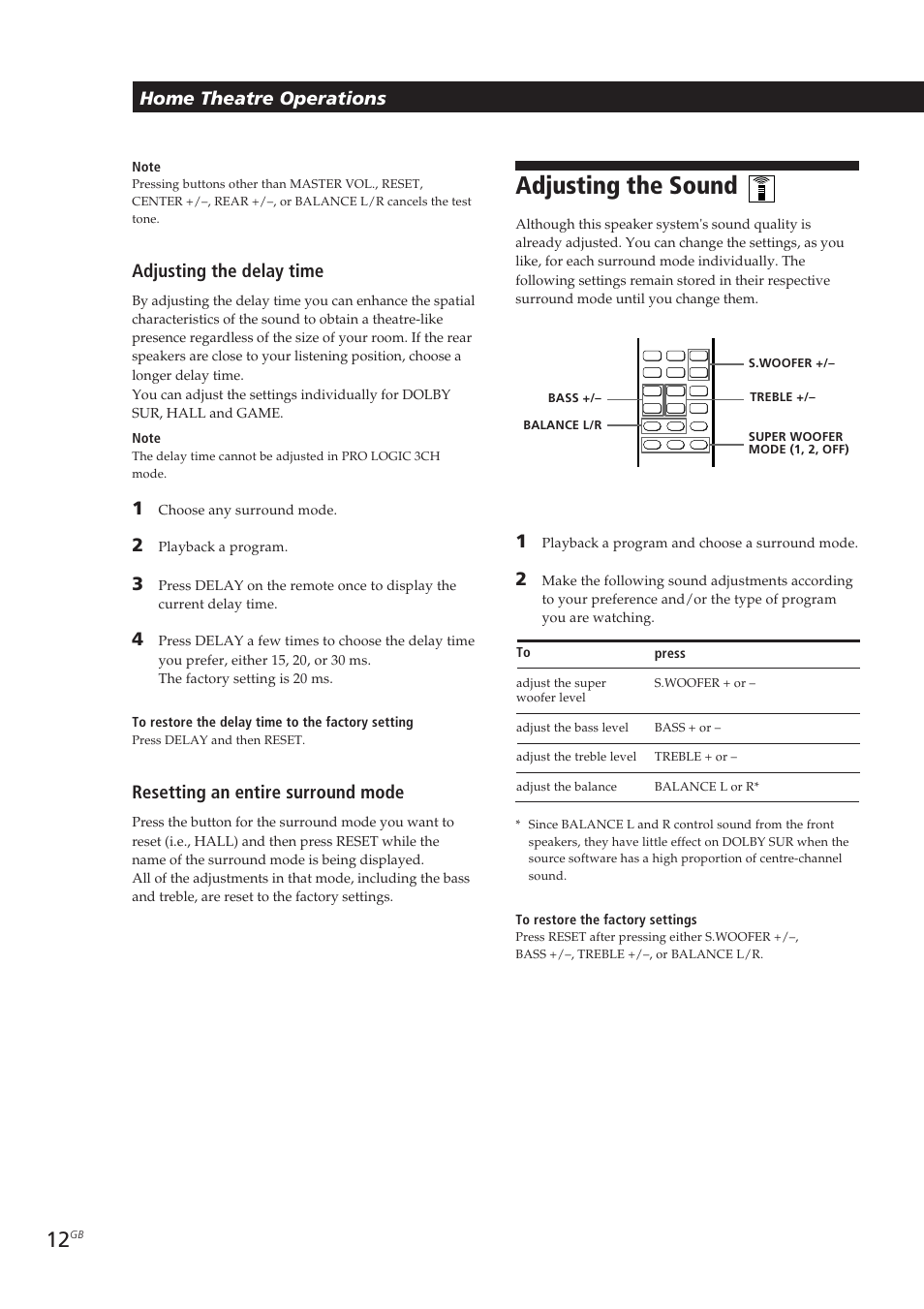 Adjusting the sound, Adjusting the delay time, Resetting an entire surround mode | Home theatre operations | Sony SA-VA10 User Manual | Page 12 / 123