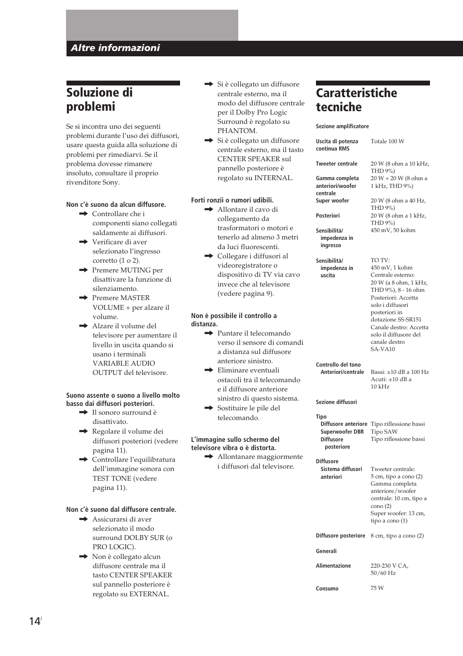Soluzione di problemi, Caratteristiche tecniche, Altre informazioni | Sony SA-VA10 User Manual | Page 121 / 123