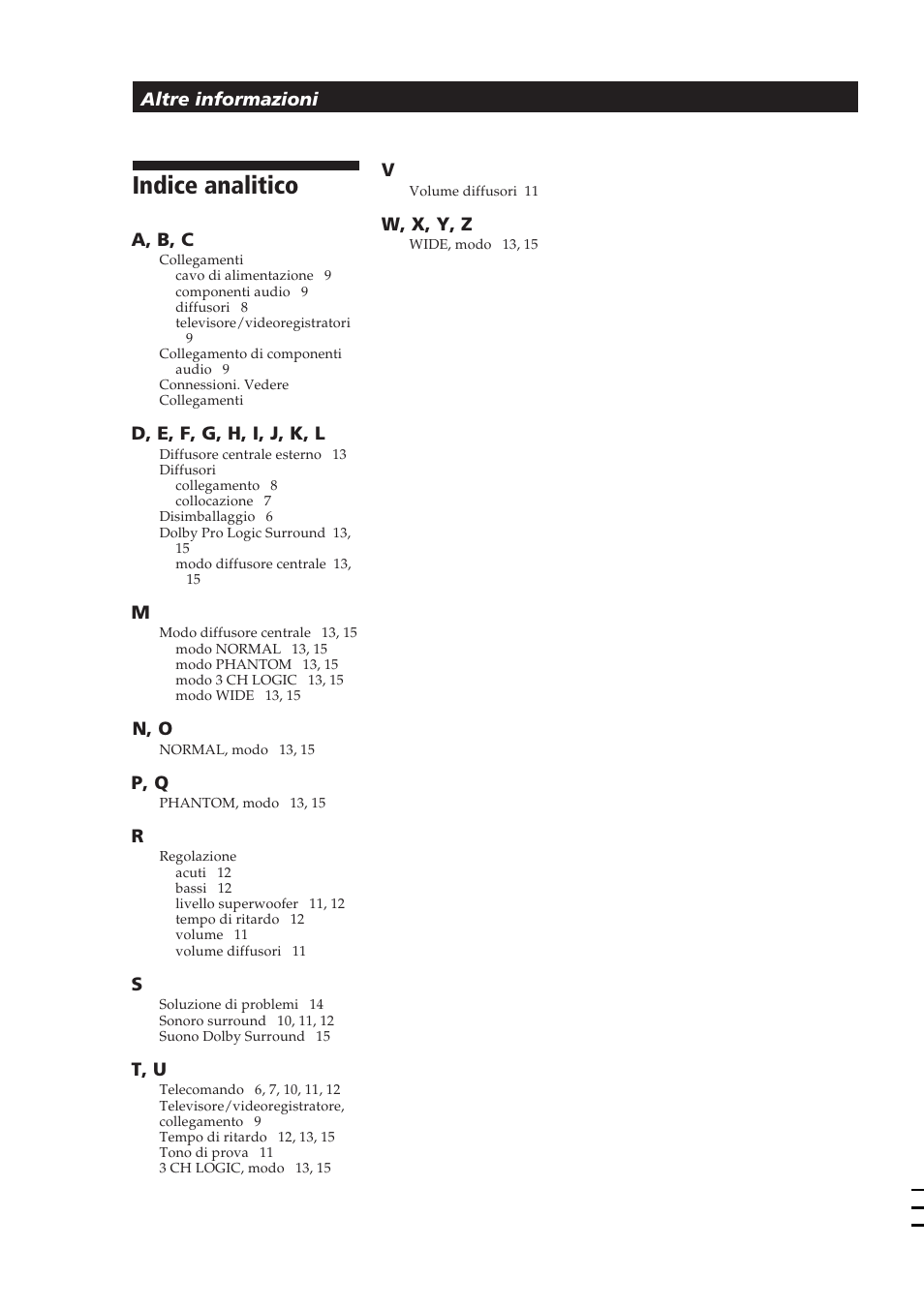Indice analitico | Sony SA-VA10 User Manual | Page 123 / 123