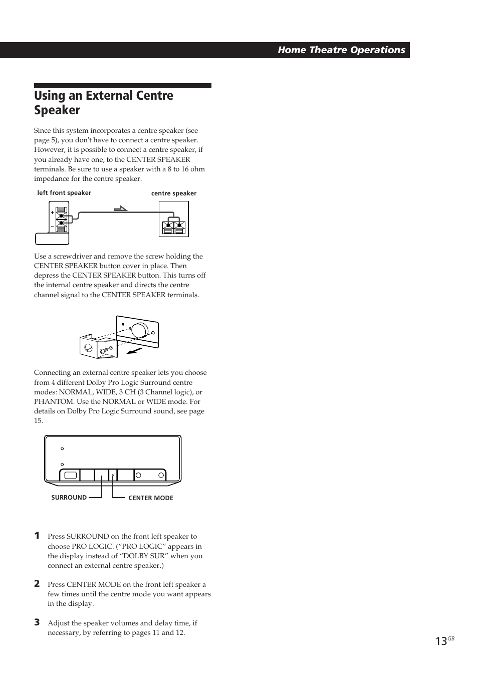 Using an external centre speaker, Home theatre operations | Sony SA-VA10 User Manual | Page 13 / 123