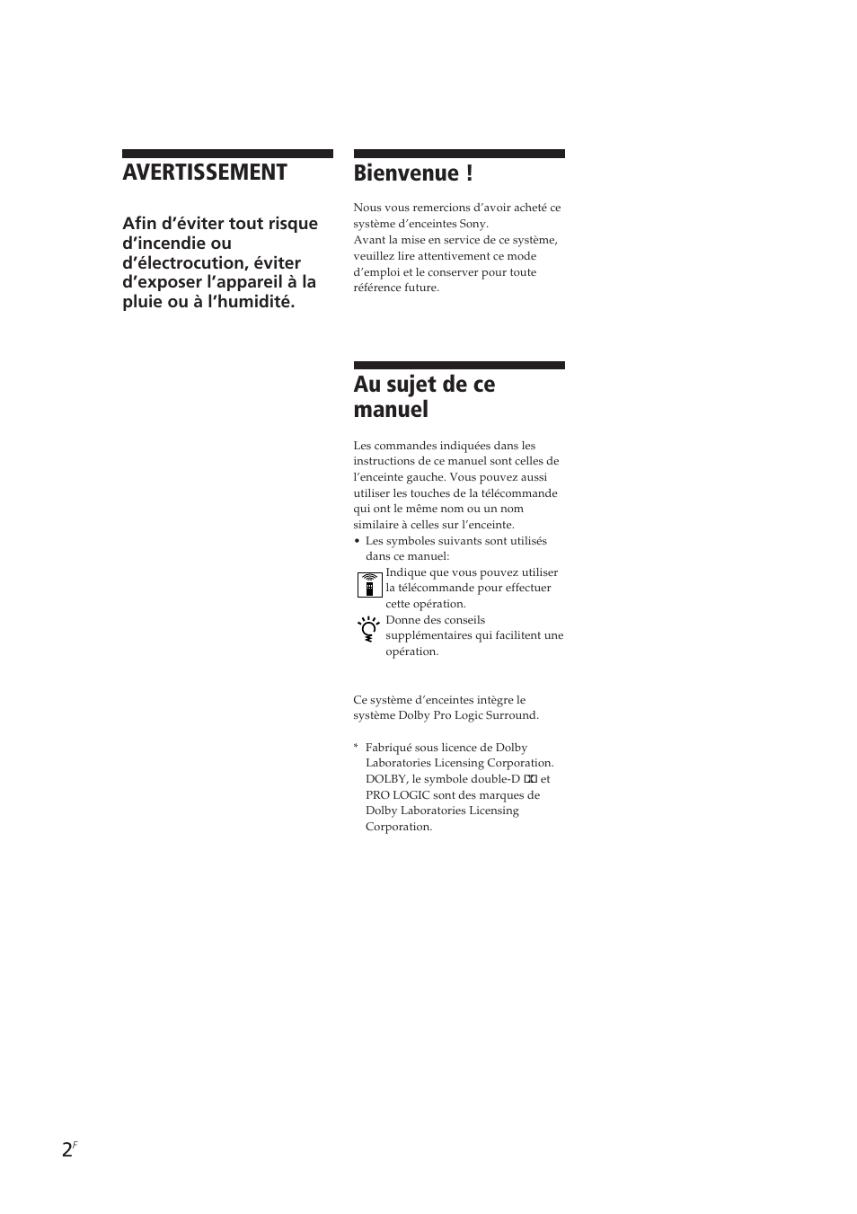 Bienvenue, Avertissement, Au sujet de ce manuel | Sony SA-VA10 User Manual | Page 16 / 123