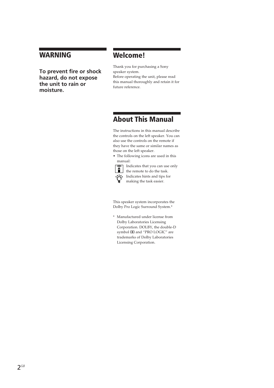 Warning, Welcome, About this manual | Sony SA-VA10 User Manual | Page 2 / 123